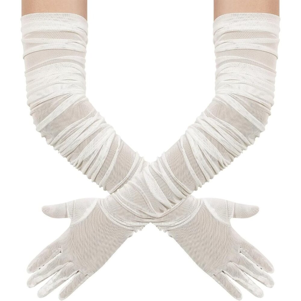 Women's Lvory Stretchy Tulle Spandex Mesh Sheer Satin Long Gloves Party Prom